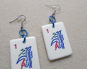 Mahjong One Bam Tile, Ivory Color Mahjong Tile Earrings with Blue Jump Rings, Surgical Steel Ear Wires, Mahjong Jewelry Gift for Her