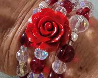 Red Red Rose Multi-Strand Memory Wire Bracelet, Large Resin Focal Rose, Crystal and Red Beads, Perfect Christmas Gift for Her, Sparkle