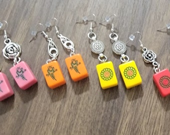 Mini Mahjong Earrings, Orange, Yellow, Dark Pink, Red. Gift for Her, Lightweight, With Various Charm Connectors, Surgical Steel Ear Wires