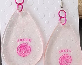 Joker Mahjong Tile Earrings with Pink Glitter and Resin, Surgical Steel Ear Wires, Mahjong Jewelry Gift for Her,  Pink Joker Teardrops