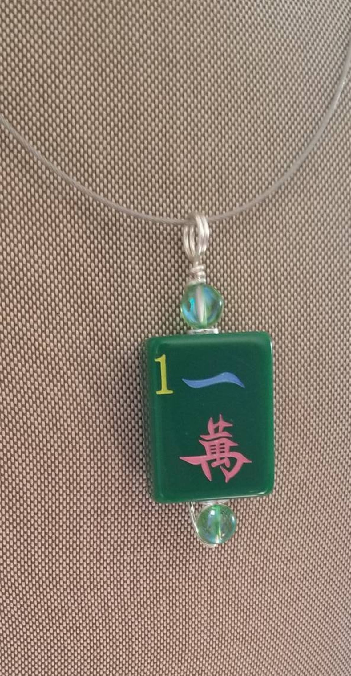 Colorful Bright Green 1 Crack Mahjong Tile Pendant With Mermaid Glass