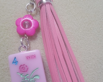 Pink Mahjong Tile Key Chain, Bag Charm, Flower Engraved Mahjong Tile with Fuschia Flower, Wire Wrapped with Glass Bead, Long Tassel in Pink