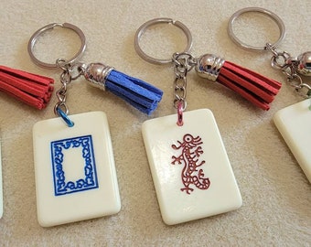 Mahjong Tile Key Chain, Purse Charm, Drilled Mahjong Tile with Tassel, Mahjong Gift, Plastic Thin Tile, Dragons, Flower Tiles