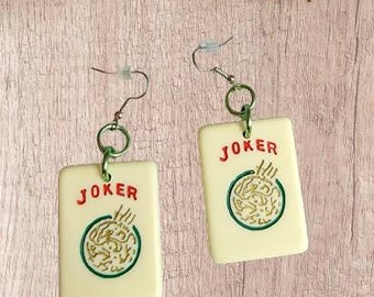 Mahjong Jokers, Ivory Color Mahjong Tile Earrings with Green Jump Rings, Surgical Steel Ear Wires, Mahjong Jewelry Gift for Her, Lightweight