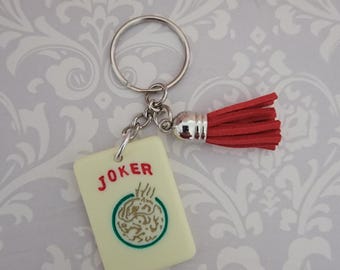 One Mahjong Joker Tile Key Chain, Bag Charm,  Drilled Mahjong Tile with Red Tassel, Mahjong Gift,  Thin Joker Tile With Gold and Green