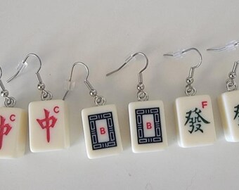 Mini Mahjong  Dragon Tile Earrings, Red, Green or Blue Dangle Earrings with Hypoallergenic Ear Wires, Mahjong Gift for Her, Ivory Color