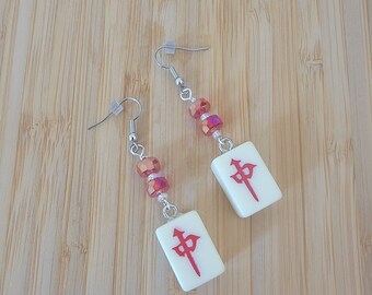 Red Dragon Mini Mahjong  Red Glass Beads, Ivory Drilled Mini Mahjong Tiles, Gift for Her, Hypoallergenic Ear Wires