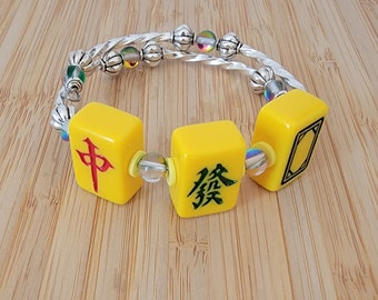 Mini Mahjong Tile Memory Wire Wrap Bracelet, Dragon Tiles in Bright Yellow, Green, Red and Blurle Dragon Tiles, Gift for Her, One Size Fits
