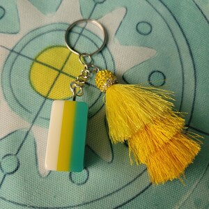 May include: A decorative keychain with a rectangular charm featuring vertical stripes of white, yellow, and teal. It has a silver chain and ring, and a bright yellow tassel with a beaded accent. The background is a teal fabric with a circular design.