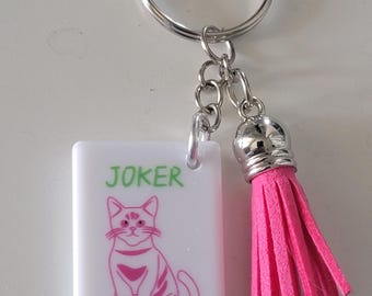 Thin Mahjong Joker Tile Keychain, Pink Cat Joker with Spring Green, Hot Pink Tassel, Bright White Mahjong Tile with Silver Tone Bag Charm