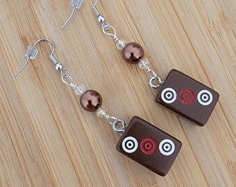 Brown Mini Mahjong Tile Earrings, 3 Dot with Brown Glass Pearl Beads,  Drilled Mini Mahjong Tiles, Gift for Her, Hypoallergenic Ear Wires