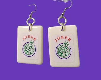 Pair of Joker Decal Ivory Color Mahjong Tile Earrings with Silver Jump Rings, Surgical Steel Ear Wires, Mahjong Jewelry Gift for Her