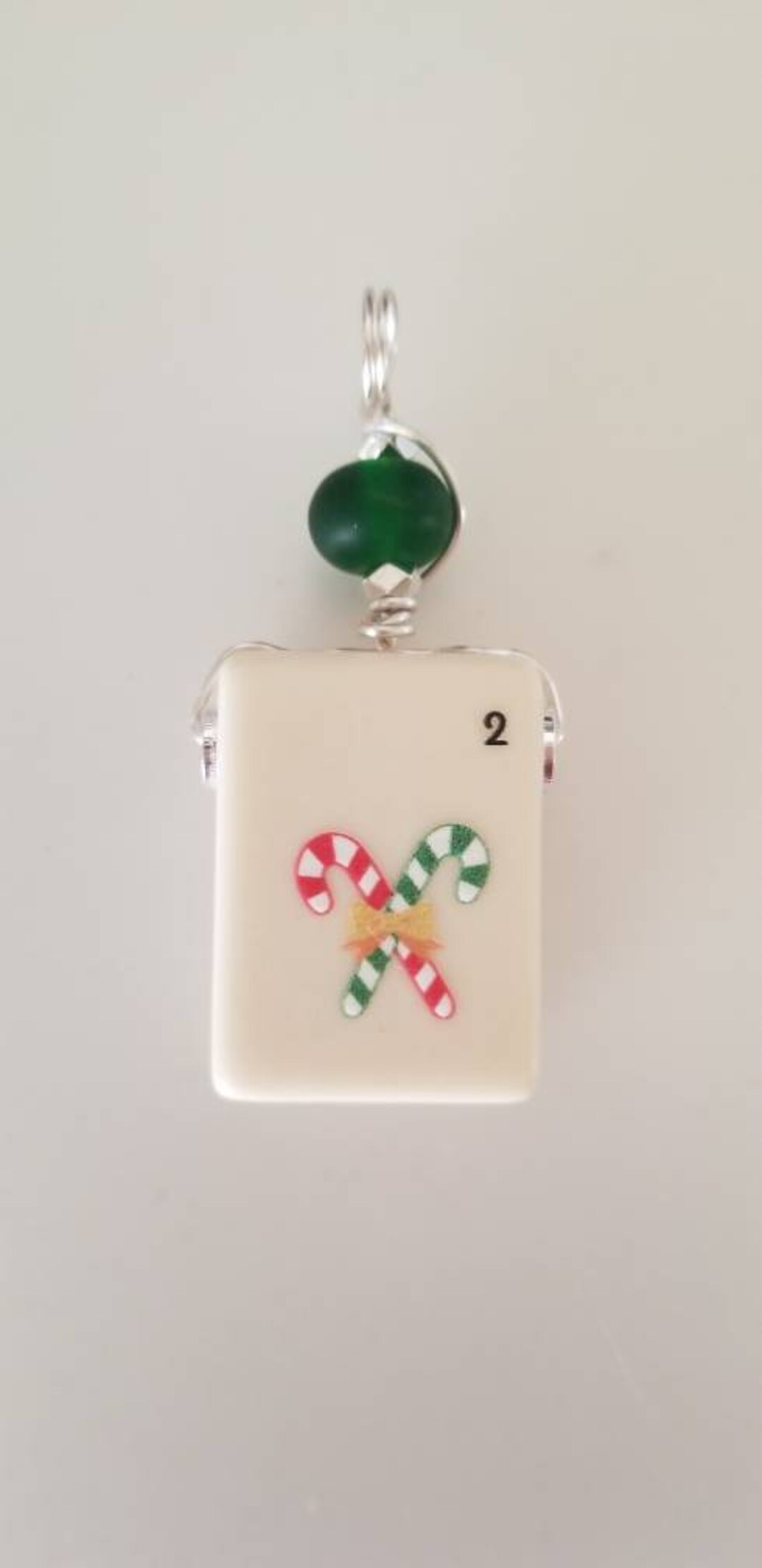 Candy Cane Mahjong Tile Pendant with Non Tarnish Silver Wire, Matte