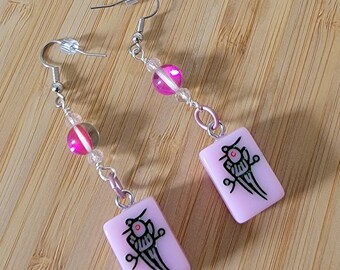 Light Pink Mini Mahjong Tile Earrings,Lightweight Gift for Her,  Hypoallergenic Ear Wires, Mermaid Glass Accent, Play Mahjong, one Bam