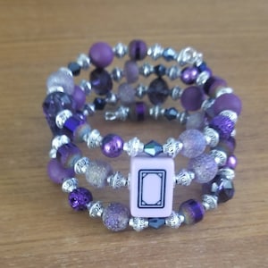 Lavender and Purple Mahjong Tile Multi-Wrap Memory Wire Bracelet With Iridescent Glass , Mahjong Jewelry, Mini Tile, Mahjong Gift for Her