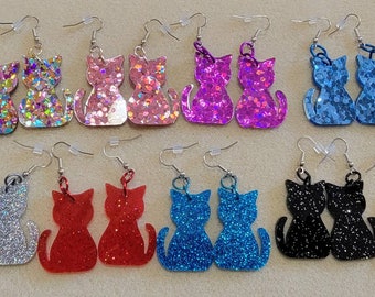 Cat Dangle Earrings, Lightweight Laser Cut Acrylic Earrings, Cat Shape, Pick from 9 Color Choices, Cate Lover, Fur Baby, Glittery and Shiny