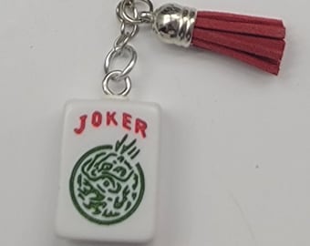 Mahjong Joker Tile Key Chain, Standard Size Tile, Bag Charm, Ornament, White Embossed Mahjong Tile with Red and Green, Red Tassel