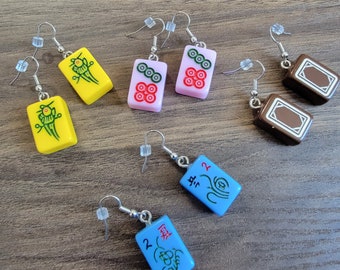 Mini Mahjong Earrings, Blue, Yellow or  Chocolate Brown, Gift for Her, Lightweight with Surgical Steel Ear Wires, You Choose