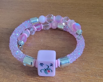 Pink Mini Mahjong Tile Single Wrap Memory Wire Bracelet With  Crystal Tubing, Silver End Caps and Pink Glass Beads, Gift for Her, One Size