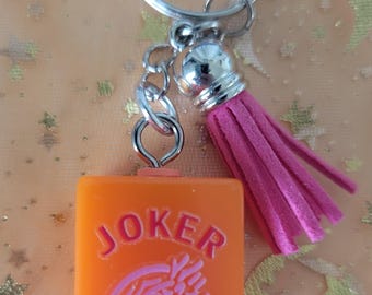 Bright Orange Mahjong Joker Tile, Pink and Red Decal on Blank Orange Mahjong Tile Made into a Keychain or Bag Charm with Hot Pink Tassel