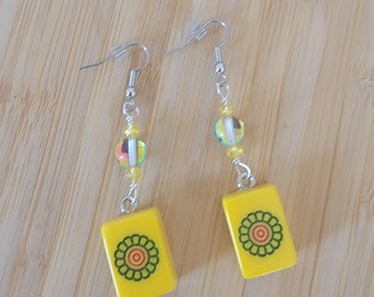 Yellow Flower Mini Mahjong Tile Earrings, Tiles with Mermaid Glass Beads, Drilled Mini Mahjong Tiles, Gift for Her, Hypoallergenic Ear Wires