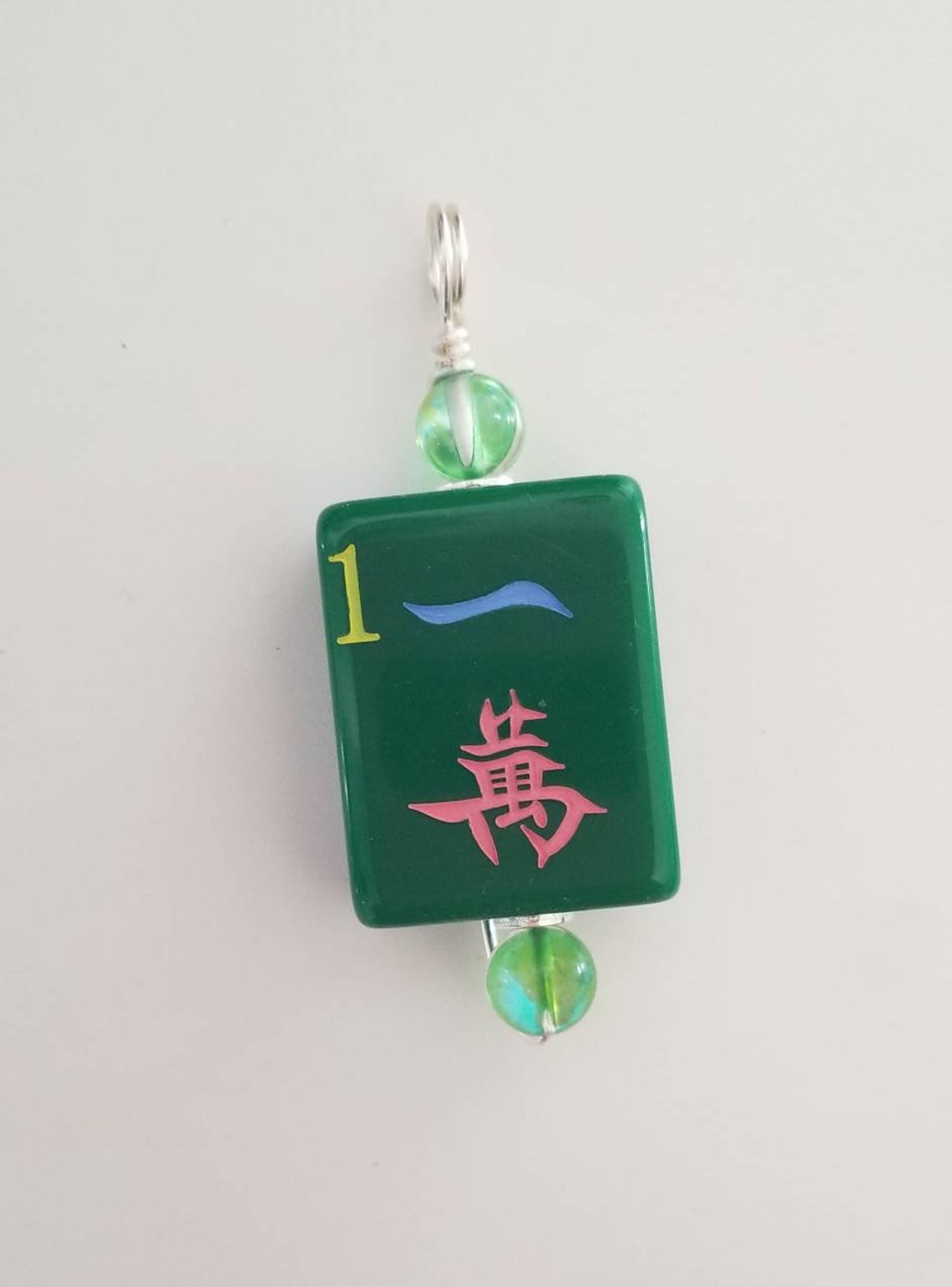 Colorful Bright Green 1 Crack Mahjong Tile Pendant With Mermaid Glass