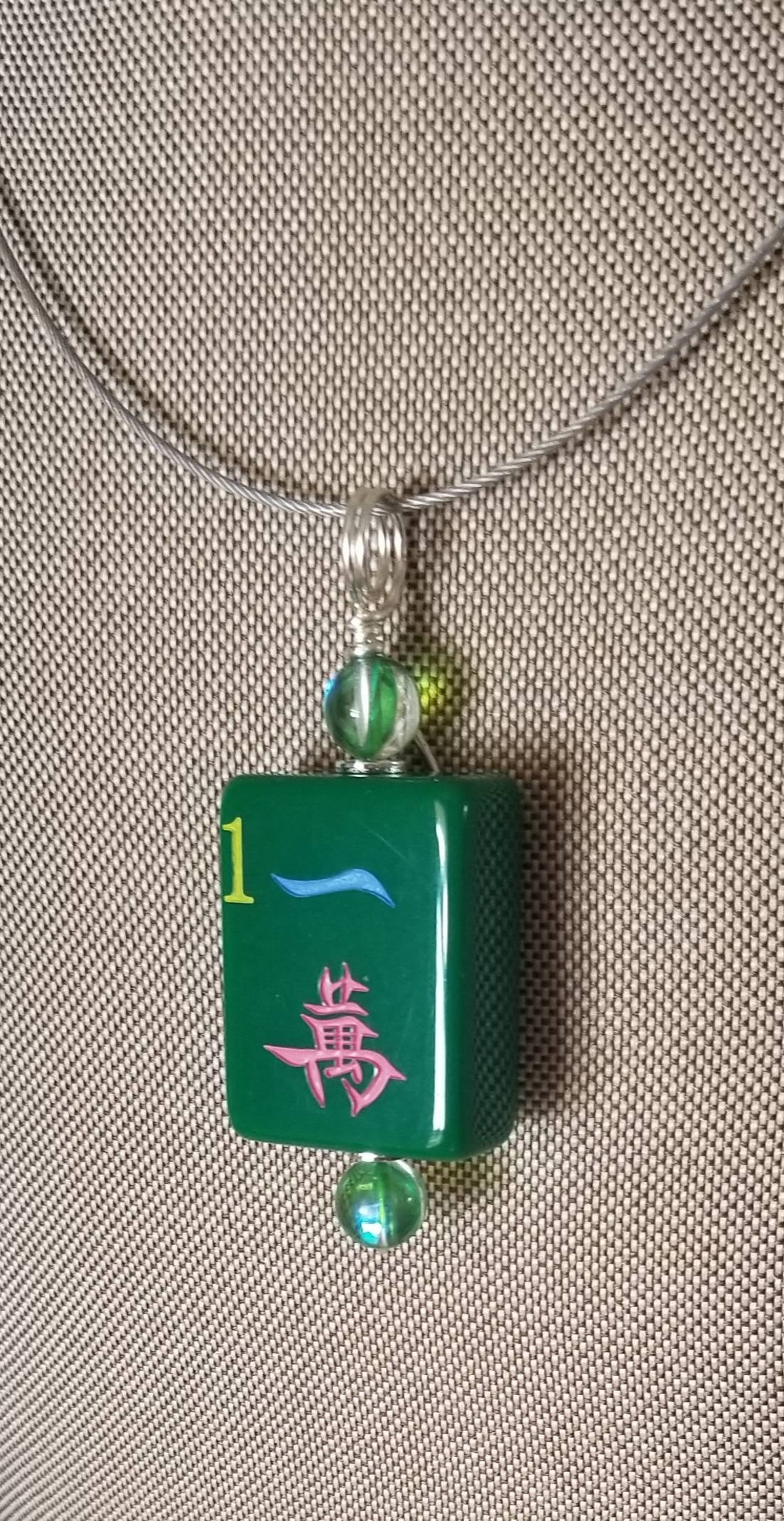 Colorful Bright Green 1 Crack Mahjong Tile Pendant With Mermaid Glass