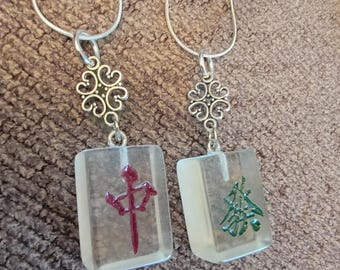 Mahjong Dragon Pendants, Choose from Red or Green Dragon, Snake Chain, Clear Acrylic Mahjong Tile With Scroll Connector, Gift for Her