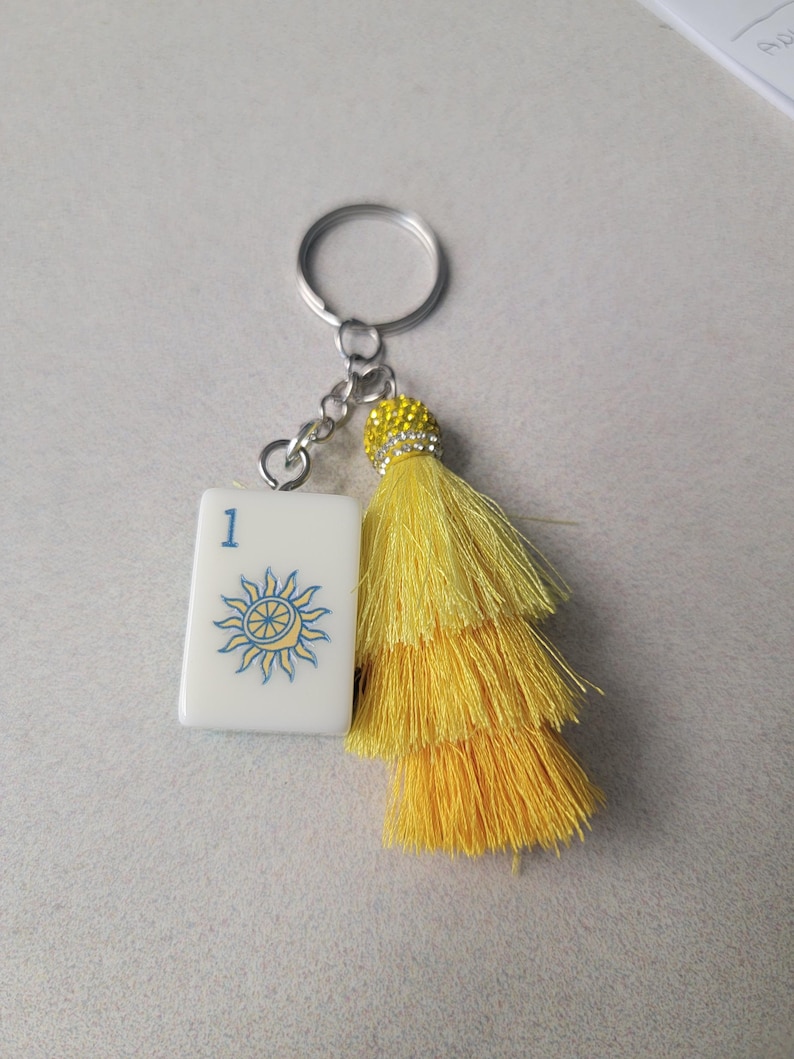 Three Color Mahjong One Dot Tile Keychain, Lemon Sun Mahjong Tile, White, Yellow and Teal Tile, With Bright Yellow Tassel, Vibrant Colors image 1