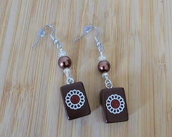 Chocolate Brown Mini Mahjong Tile Earrings, 1 Dot with Brown Glass Pearl Beads,  Drilled Mini Mahjong Tiles, Gift for Her, Hypoallergenic