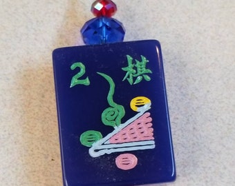 Red White  Blue Reversible Mahjong Tile Pendant with Red and Blue Crystals, Hand Drilled Tile,  Mahjong Jewelry with Flower, 250 Anniversary