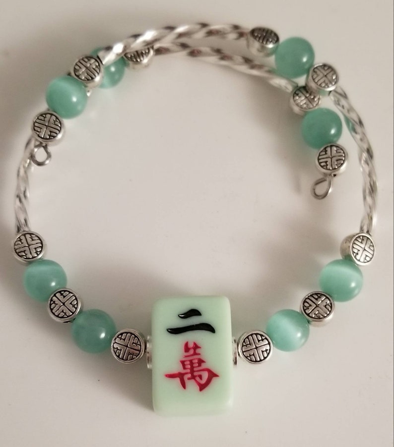 Mint Green Mahjong Tile Single Wrap Memory Wire Bracelet With Image 0