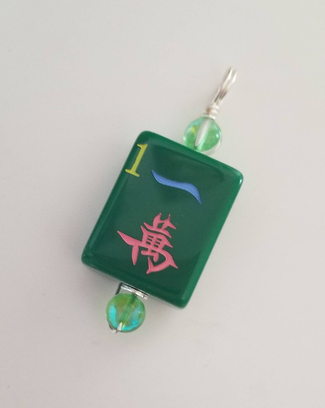 Colorful Bright Green 1 Crack Mahjong Tile Pendant With Mermaid Glass