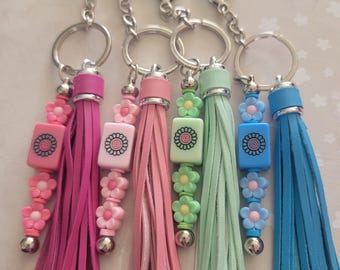 Mini One Dot Mahjong Tile Keychain with Matching Flower Beads and Long Tassels, Bag Charms, Choose from Four Colors, Pinks, Blue and Green