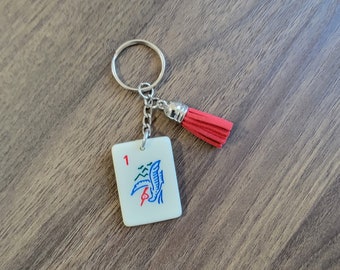 Mahjong Tile Key Chain, Bag Charm, Drilled Mahjong Tile with Red Tassel, Mahjong Gift, Plastic Thin Tile, One Bam, Gift for Her or Him