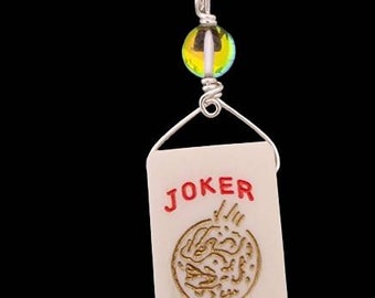 Mahjong Joker Hand-Drilled Tile Pendant with Rainbow Mermaid Glass,  Non-Tarnish Silver Wire, Mahjong Jewelry, Unique Gift for Her, Wood