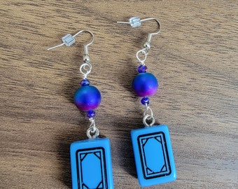 Blue Mini Mahjong Tile Earrings, Drilled Mini Tiles, Gift for Her, Hypoallergenic, Blue to Fuschia Glass Beads, Small Crystals, Blue Dragons