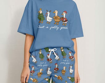 Just A Jolly Goose Tshirt And Shorts, Silly Goose Pajamas For Women, Funny Goose Christmas Pajamas, Animal Lover Shirt And Shorts