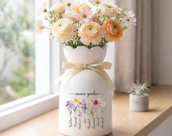 Birthday Flower Options Flower Vase, Personalized Ceramic Vase, Gift for Mom, Custom Gift, Botanical Home Decor, Birthday Gift