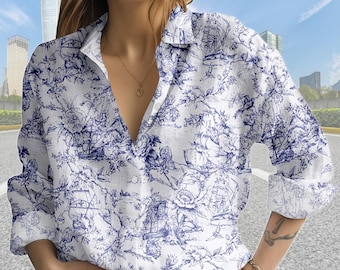 Toile De Jouy Blouse Shirt, Vintage Scenic Women Shirt, French