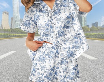 Blommig Toile De Jouy kort satinpyjamas, blommiga nattkläder för kvinnor, elegant satinloungeset, söt pyjamasoutfit, present till henne