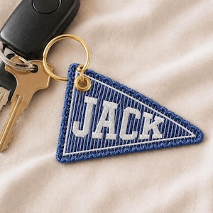 Custom Name Pennant Keychain, Back To School Bag Tag, Personalized Kids Backpack Tag, Embroidered Fabric Flag Charm