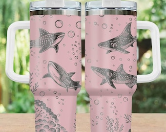 Ocean Whale Shark Engraved Tumbler, Deep Sea Shark Stainless Steel Tumbler, Beach Drinkware Tumbler For Fan, Ocean Lover 40oz Tumbler