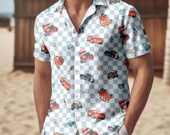 Camisa y pantalones cortos de la película Cars, camisa de hombre con botones de Rayo McQueen, camisa de vacaciones de Disneyworld Ruta 66, regalo para fans de Pixar