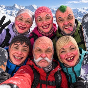 May include: Five people wearing realistic face-printed balaclavas featuring elderly, weathered, and humorous expressions. They are dressed in colourful winter ski jackets and gear, posing together against a backdrop of snowy mountain peaks.