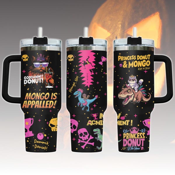 Prinsessan Donut och Mongo 40oz Tumbler, Dungeon Crawler Carl rostfritt glas, Fantasy Book Drinkware Tumbler, Bokliknande Glas