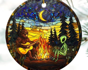 Alien Bigfoot Ceramic Christmas Ornament, Stained Glass Xmas Tree Ornament, Fantasy Creature Xmas Tree Hanging, Unique SciFi Christmas De