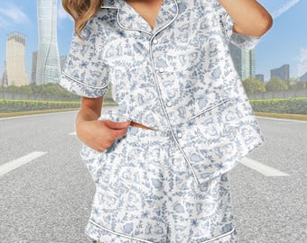 Joli pyjama court en satin avec lapin et poulet, pyjama animaux de la ferme femme, pyjama lapin de Pâques pour elle, pyjama pour amoureux des animaux