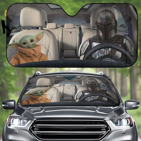 Baby Yoda And Mandalorian Car Sunshade, Yoda Car Sun Shade, Star Wars Auto Sunshade, Car Windshield Cover, Car Accessory