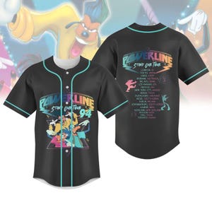 May include: Black baseball jersey with teal and white accents. The front features the text "POWERLINE STAND OUR TOUR 94" with a cartoon graphic. The back lists tour locations including London, Tokyo, and Los Angeles.